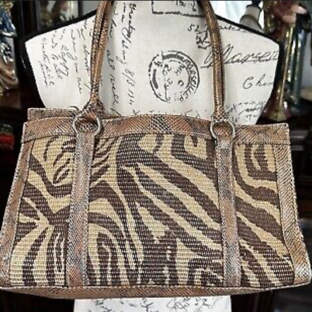 Women’s Sag Harbor Shoulder Tote Bag Woven Snake Print Linen Lined Double Handle